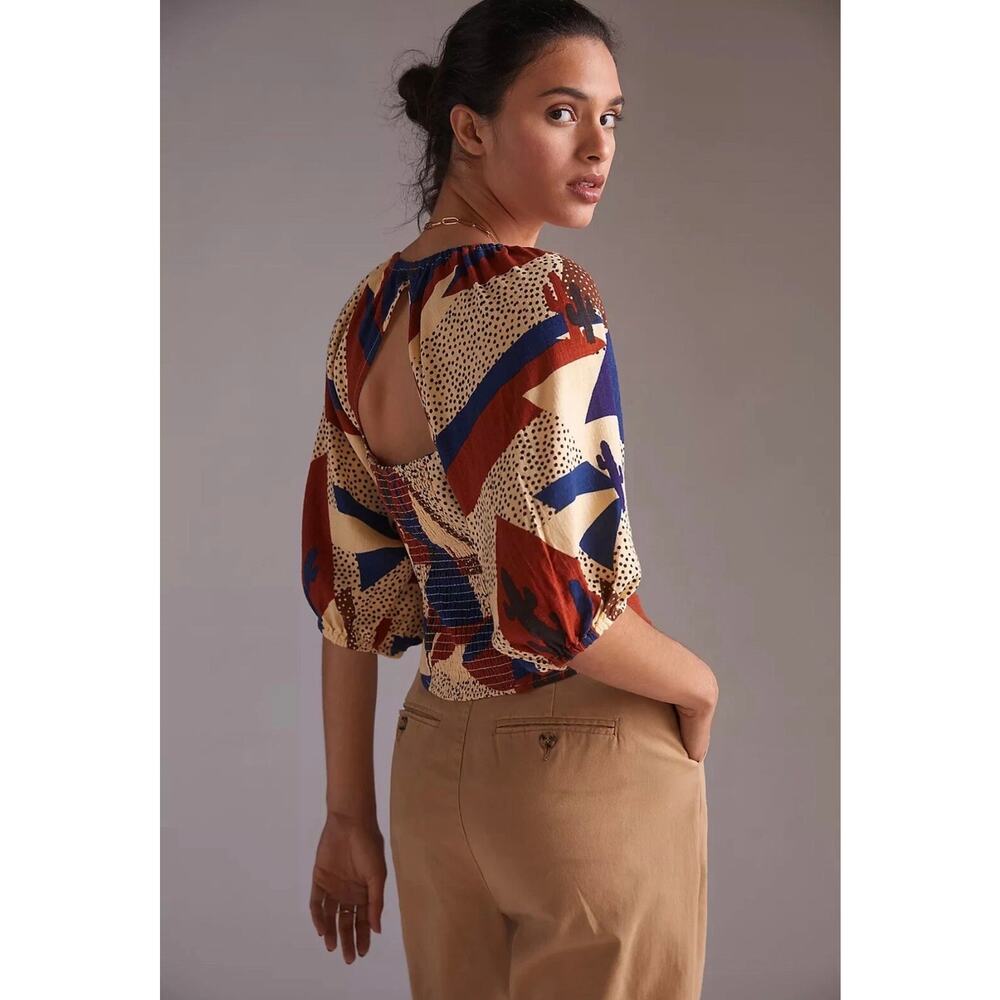 The Odells Linen Blend Cactus Geo Dot Smocked Back Top Small